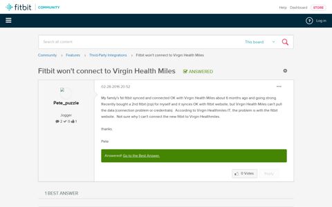Solved: Fitbit won't connect to Virgin Health Miles - Fitbit ...