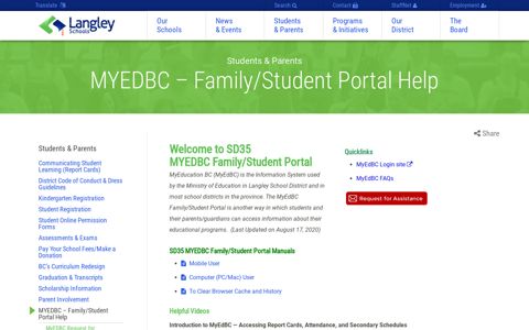 MYEDBC – Family/Student Portal Help - School District No. 35