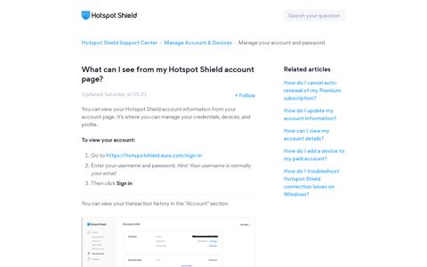 What can I see from my Hotspot Shield account page ...