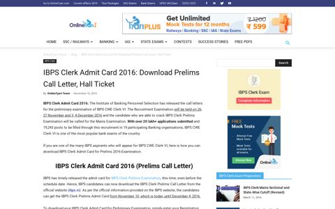 IBPS Clerk Admit Card 2016: Download Prelims Call Letter ...