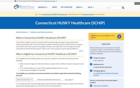 Connecticut HUSKY Healthcare (SCHIP) | Benefits.gov