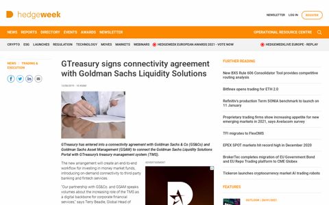 GTreasury signs connectivity agreement with Goldman Sachs ...