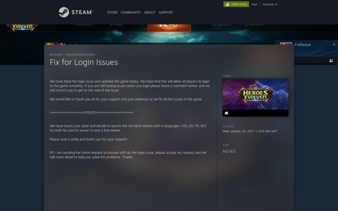 Heroes Evolved - Fix for Login Issues - Steam News