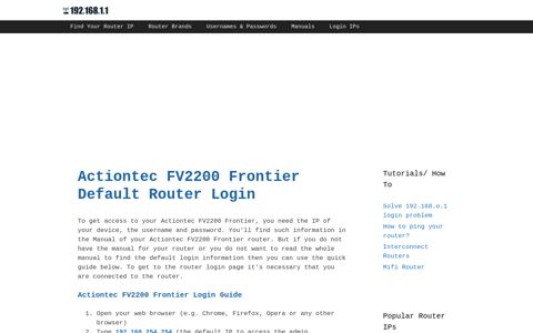 Actiontec FV2200 Frontier Default Router Login - 192.168.1.1