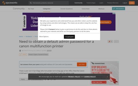 Default admin password for Canon Multifunction Printers