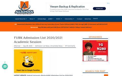 FUBK Admission List 2020/2021 Academic Session - Allschool