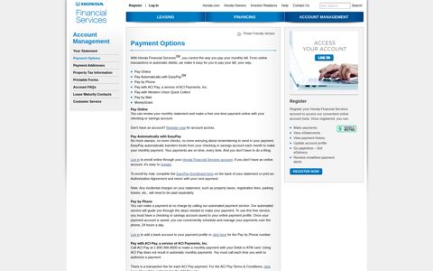 Honda Online Account Management - Payment Options