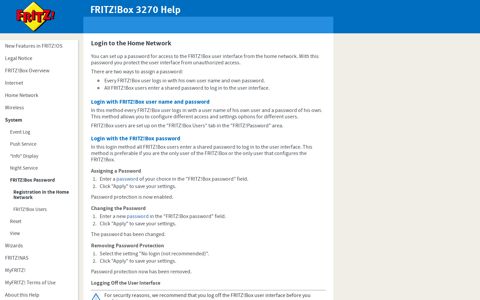 FRITZ!Box 3270 Help - Login to the Home Network