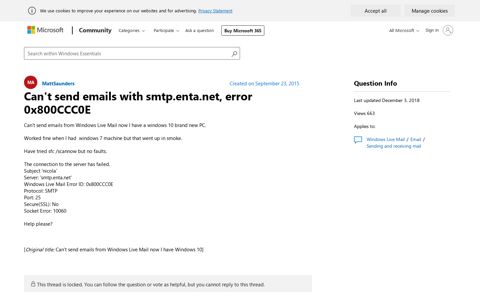 Can't send emails with smtp.enta.net, error 0x800CCC0E ...