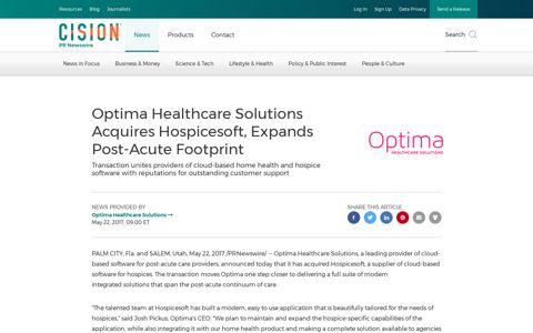 Optima Healthcare Solutions Acquires Hospicesoft, Expands ...