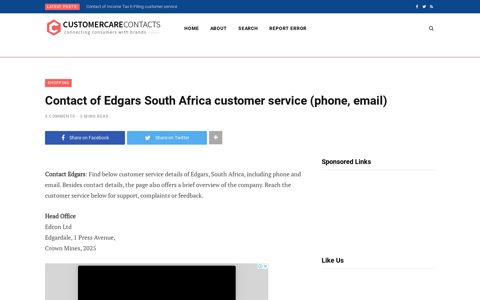 Contact of Edgars South Africa customer service (phone, email)
