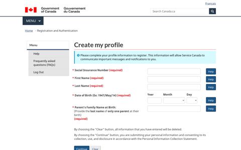 Registration and Authentication - Create my profile - Canada.ca