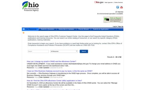 Ohio EPA eBusiness Center - Find Answers