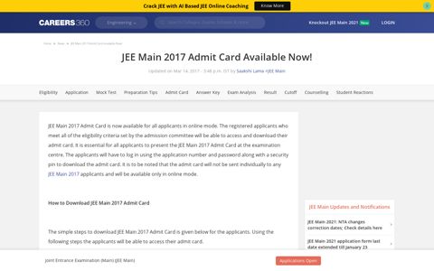 JEE Main 2017 Admit Card Available Now! - Engineering