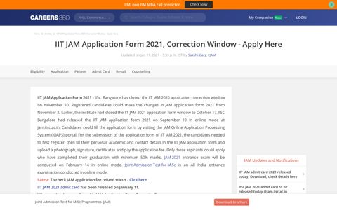 IIT JAM Application Form 2021, Correction Window - Apply Here