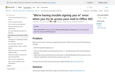 We're having trouble signing you in error when accessing mail ...