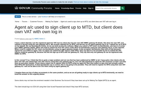 Agent a/c used to sign client up to MTD, but client does own ...