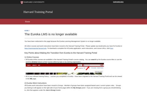 The Eureka LMS is no longer available | Harvard Training Portal