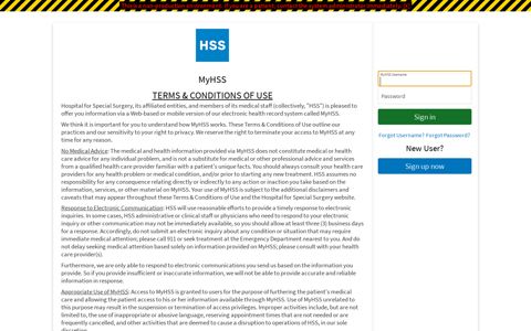 terms & conditions of use - MyHSS - Login Page - Epic