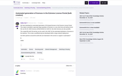 Automated generation of licenses in the Extreme License Portal