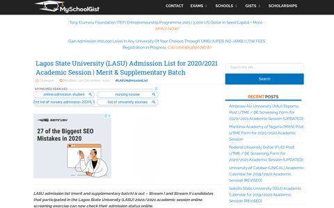 LASU Admission List for 2020/2021 Academic Session ...