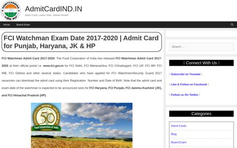 FCI Watchman Admit Card 2020: FCI Haryana, Punjab, HP, JK ...
