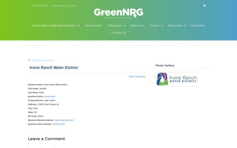 Irvine Ranch Water District | Green NRG Institute