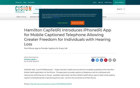 Hamilton CapTel(R) Introduces iPhone(R) App for Mobile ...
