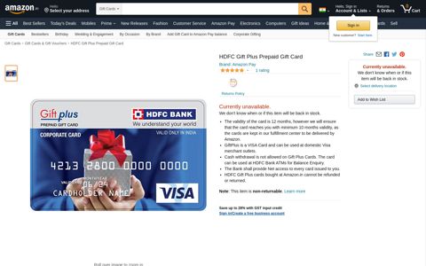 HDFC Gift Plus Prepaid Gift Card - 15000: Amazon.in: Gift Cards