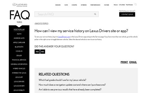 How can I view my service history on Lexus Drivers site or app?