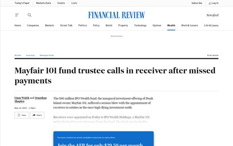 Mayfair 101 fund trustee calls in receiver after missed payments