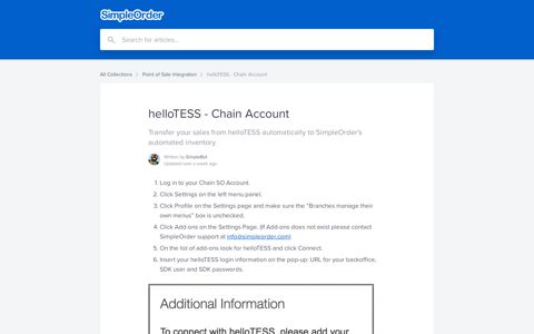 helloTESS - Chain Account | Simple Order Help Center