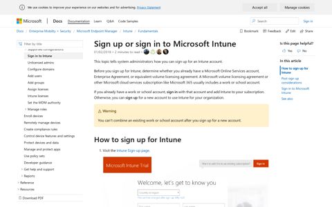 Sign up or sign in to Microsoft Intune | Microsoft Docs