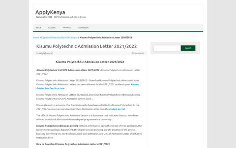 Kisumu Polytechnic Admission Letter 2021/2022 - ApplyKenya