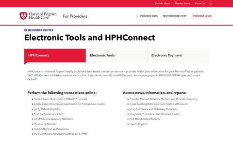 Electronic Tools and HPHConnect - Harvard Pilgrim Health Care