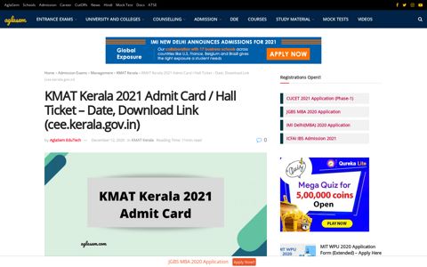 KMAT Kerala 2021 Admit Card / Hall Ticket - Date, Download ...