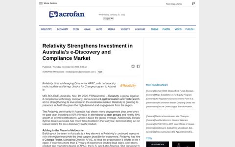 Relativity Strengthens Investment in Australia's e ... - ACROFAN