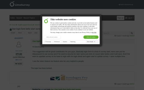 User login form befor start survey - LimeSurvey forums