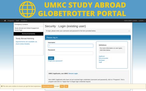 Security > Login (existing user) > UMKC Globetrotter Portal ...
