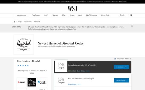 Herschel Discount Codes & Coupons - 10% Off - WSJ