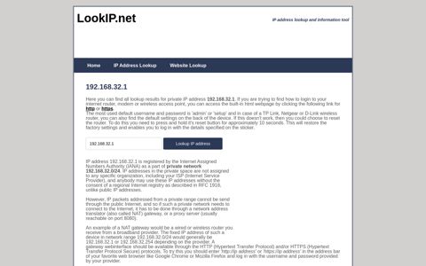 192.168.32.1 - Private Network | IP Address Information Lookup