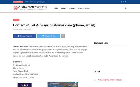Contact of Jet Airways customer care (phone, email)