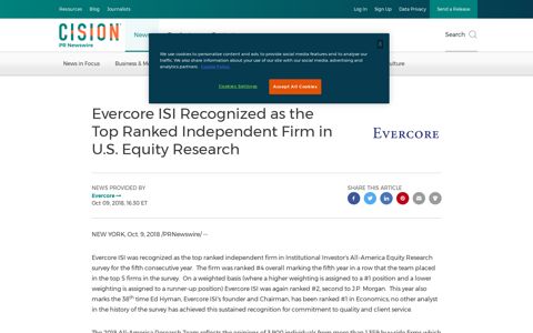 Evercore ISI Recognized as the Top Ranked Independent ...
