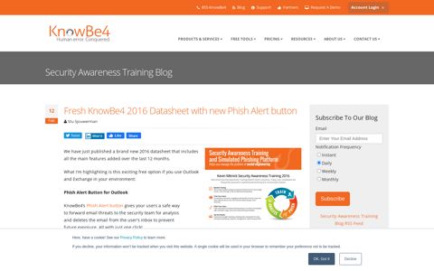 Fresh KnowBe4 2016 Datasheet with new Phish Alert button