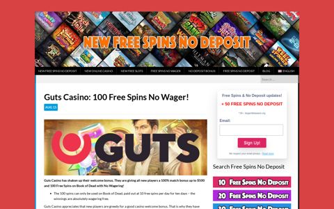 Guts Casino: 100 Free Spins No Wager!