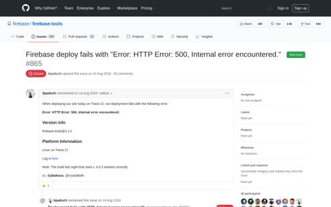 Firebase deploy fails with "Error: HTTP Error: 500, Internal ...
