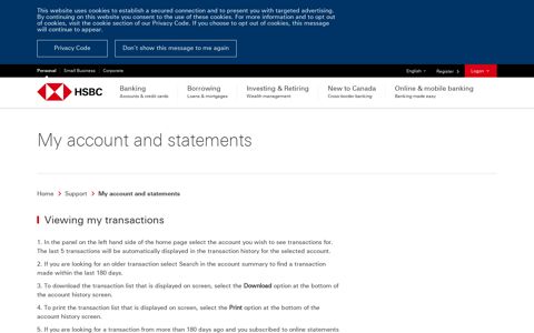 My account and statements | Help & Support | HSBC Canada