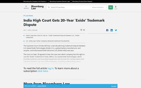 India High Court Gets 20-Year `Exide' Trademark Dispute