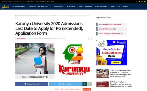 Karunya University 2020 Admissions - Last Date to Apply for PG