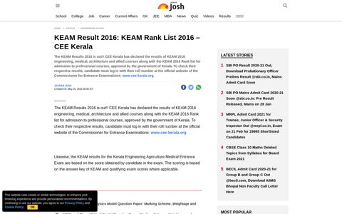 KEAM Result 2016: KEAM Rank List 2016 – CEE Kerala ...